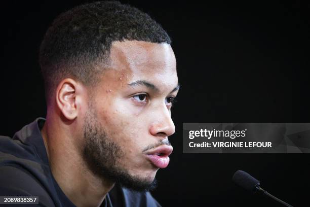 Belgium's midfielder Aster Vranckx addresses a press conference of the Belgian national football team, also known as the Red Devils, at the Royal...