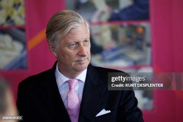 King Philippe - Filip of Belgium is pictured during a royal visit to Aarova, a custom company that produces textiles and sells pasta dishes on March...