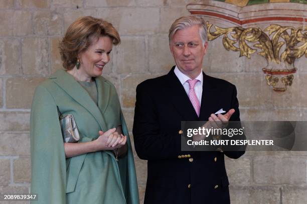 Queen Mathilde of Belgium and King Philippe - Filip of Belgium are pictured during a visit in Oudenaarde on March 19 as part of a visit to the...