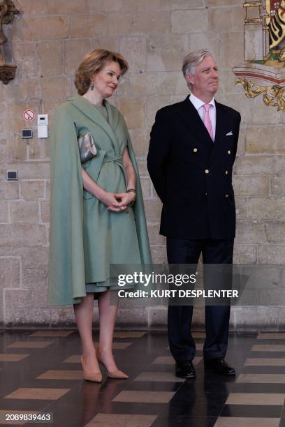 Queen Mathilde of Belgium and King Philippe - Filip of Belgium are pictured during a visit in Oudenaarde on March 19 as part of a visit to the...