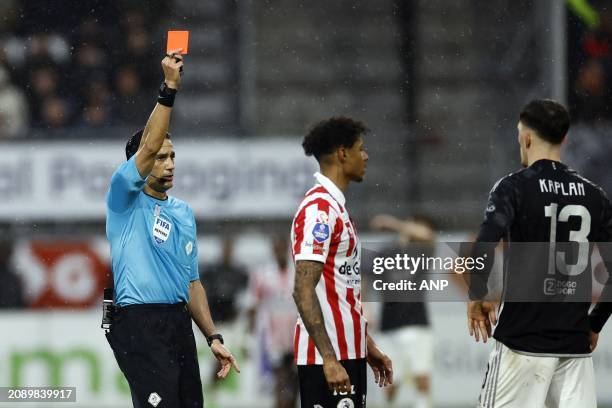 Referee Serdar Gozubuyuk, Charles-Andreas Brym of Sparta Rotterdam, Ahmetcan Kaplan of Ajax during the Dutch Eredivisie match between Sparta...