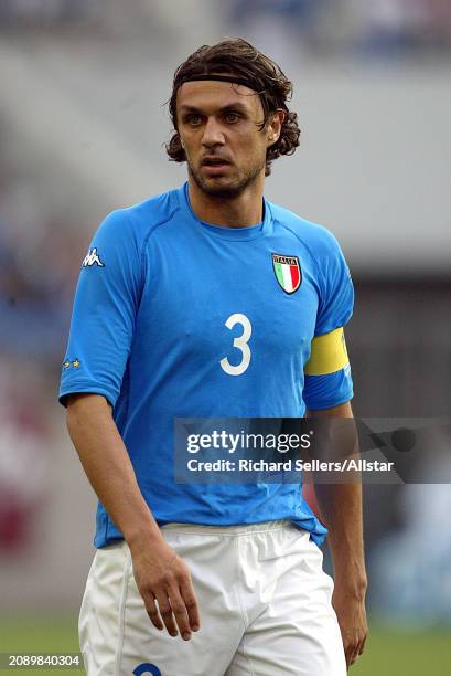 June 8: Paolo Maldini of Italy in action during the FIFA World Cup Finals 2002 Group G match between Italy and Croatia at Kashima Soccer Stadium on...