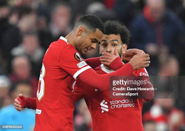 Liverpool's Mohamed Salah and Cody Gakpo during the UEFA Europa League 2023/24 round of 16 second leg match between Liverpool FC and AC Sparta Praha...