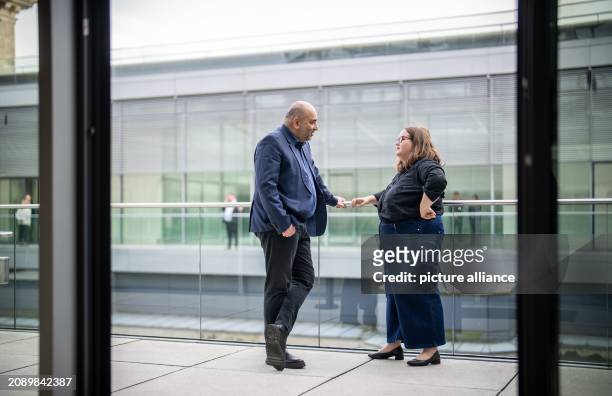March 2024, Berlin: Ricarda Lang and Omid Nouripour, Federal Chairman of Bündnis 90/Die Grünen, talk on the terrace on the sidelines of the...