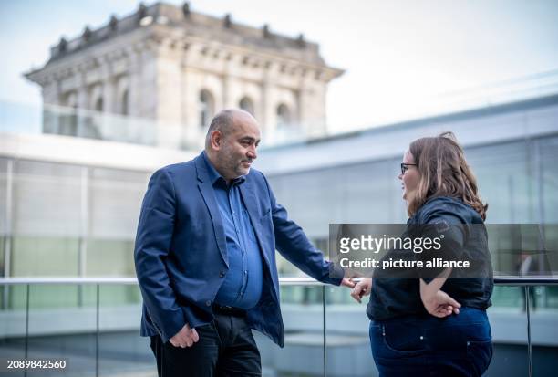 March 2024, Berlin: Ricarda Lang and Omid Nouripour, Federal Chairman of Bündnis 90/Die Grünen, talk on the terrace on the sidelines of the...