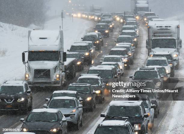 Southbound traffic on I87 creeps along as a nor'easter hits the Capital Region Thursday Feb. 9, 2017 in Clifton Park, NY.