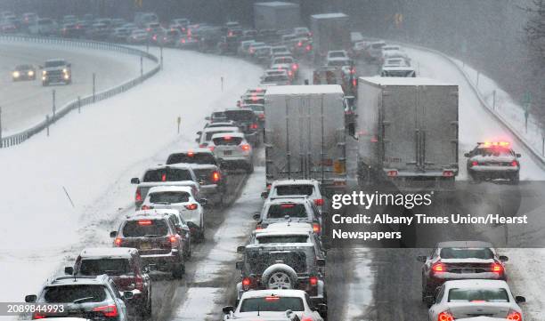 Southbound traffic on I87 creeps along as a nor'easter hits the Capital Region Thursday Feb. 9, 2017 in Clifton Park, NY.