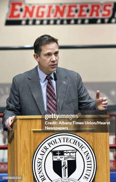 Dave Smith is introduced as RPI's new men's hockey coach during a news conference Thursday April 6, 2017 in Troy, NY. Smith has spent the past 12...