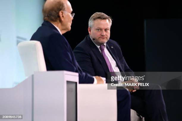 Of BP Murray Auchincloss speaks with with Vice Chairman of S&P Global Daniel Yergin,during the CERAWeek oil summit in Houston, Texas, on March 19,...