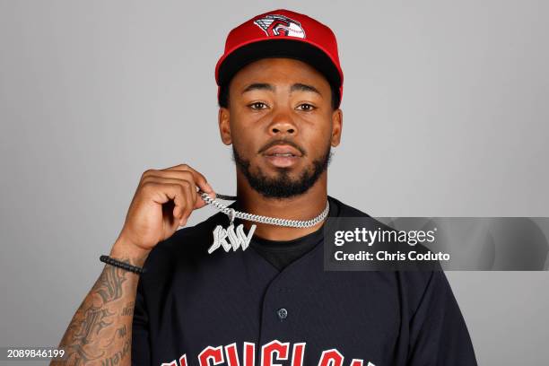 Kahlil Watson of the Cleveland Guardians poses for a photo during the Cleveland Guardians Photo Day at Goodyear Ballpark on Thursday, February 22,...