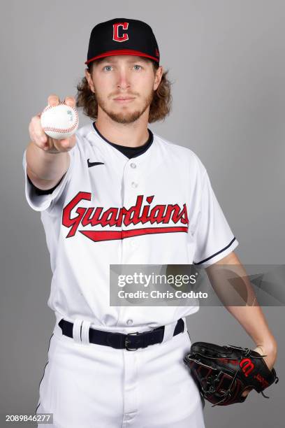 Tyler Zuber of the Cleveland Guardians poses for a photo during the Cleveland Guardians Photo Day at Goodyear Ballpark on Thursday, February 22, 2024...