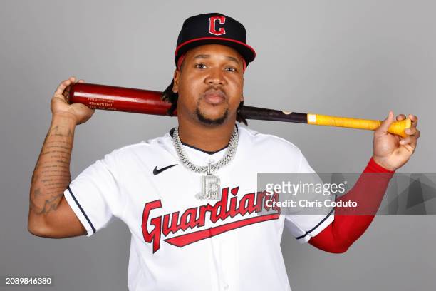 José Ramirez of the Cleveland Guardians poses for a photo during the Cleveland Guardians Photo Day at Goodyear Ballpark on Thursday, February 22,...