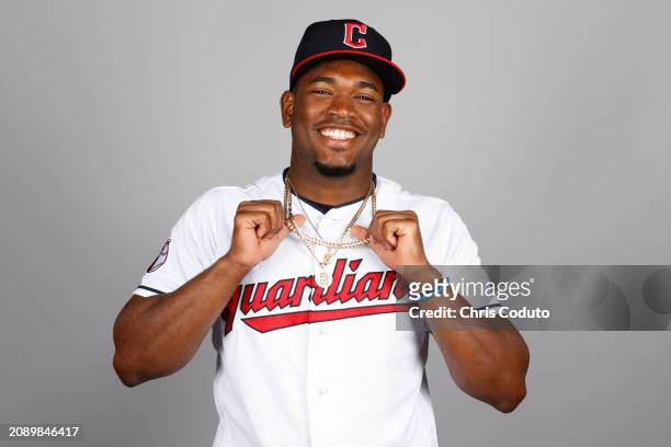 Angel Martinez of the Cleveland Guardians poses for a photo during the Cleveland Guardians Photo Day at Goodyear Ballpark on Thursday, February 22,...