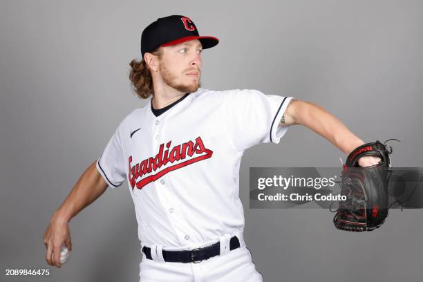 Tyler Zuber of the Cleveland Guardians poses for a photo during the Cleveland Guardians Photo Day at Goodyear Ballpark on Thursday, February 22, 2024...