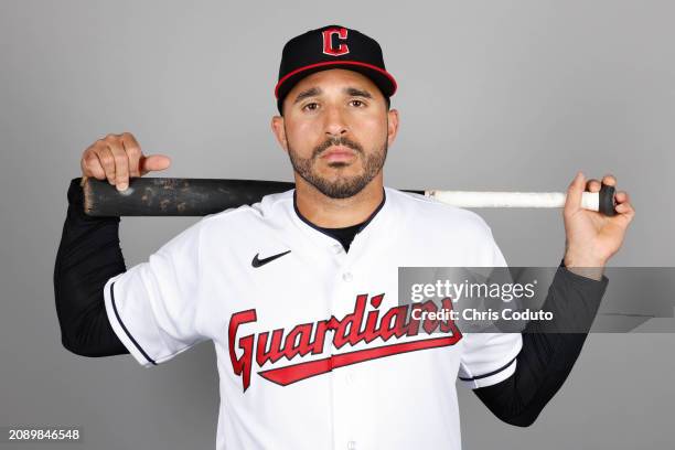 Ramón Laureano of the Cleveland Guardians poses for a photo during the Cleveland Guardians Photo Day at Goodyear Ballpark on Thursday, February 22,...