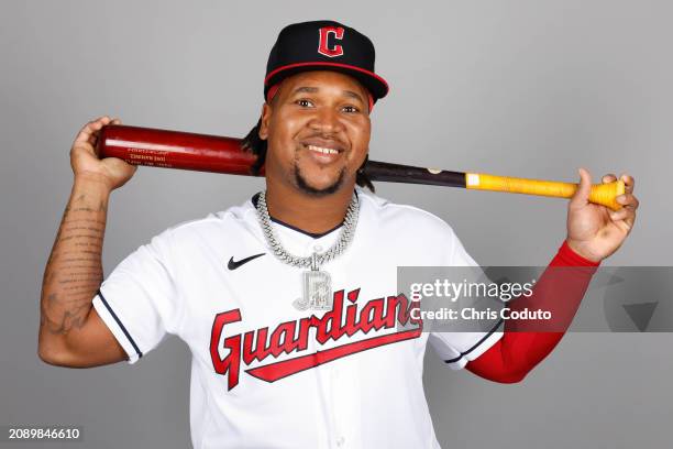 José Ramirez of the Cleveland Guardians poses for a photo during the Cleveland Guardians Photo Day at Goodyear Ballpark on Thursday, February 22,...