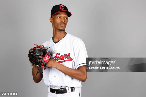 Triston McKenzie of the Cleveland Guardians poses for a photo during the Cleveland Guardians Photo Day at Goodyear Ballpark on Thursday, February 22,...