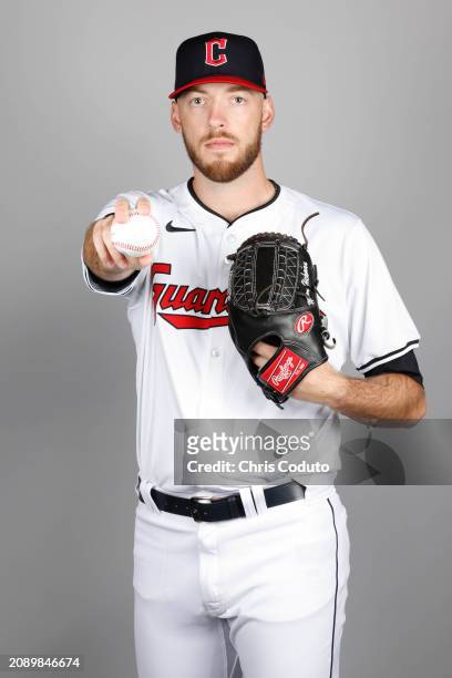 Mason Hickman of the Cleveland Guardians poses for a photo during the Cleveland Guardians Photo Day at Goodyear Ballpark on Thursday, February 22,...
