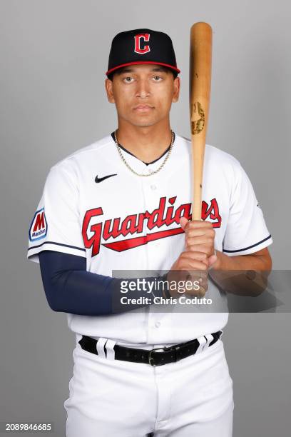 Bo Naylor of the Cleveland Guardians poses for a photo during the Cleveland Guardians Photo Day at Goodyear Ballpark on Thursday, February 22, 2024...