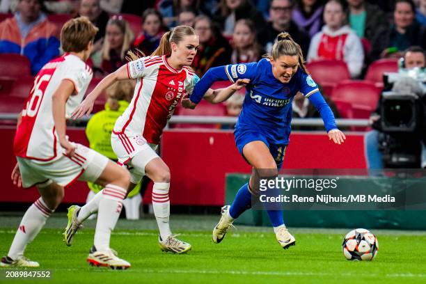 Milicia Keijzer of AFC Ajax challenges Johanna Rytting Kaneryd of Chelsea during the UEFA Women's Champions League 2023/24 Quarter Final Leg One...