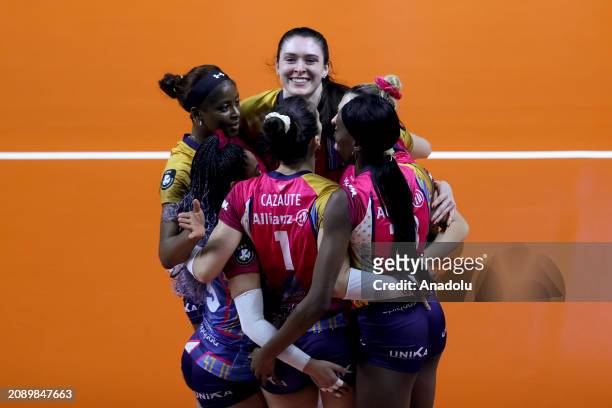 Players of Allianz Vero Volley Milano celebrate after score during the match of CEV Champions League Women Volley between Allianz Vero Volley Milano...