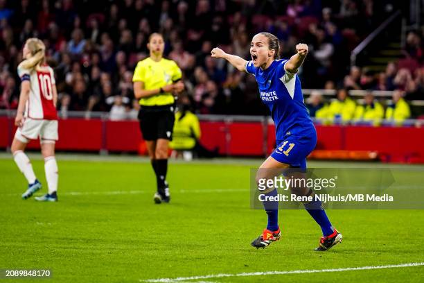 Guro Reiten of Chelsea celebrates after scoring a later disallowed goal during the UEFA Women's Champions League 2023/24 Quarter Final Leg One match...