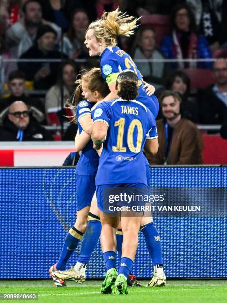 Chelsea's Sjoeke Nusken celebrates with her team mates after scoring her team's second goal during the UEFA women's Champions League quarter-final...