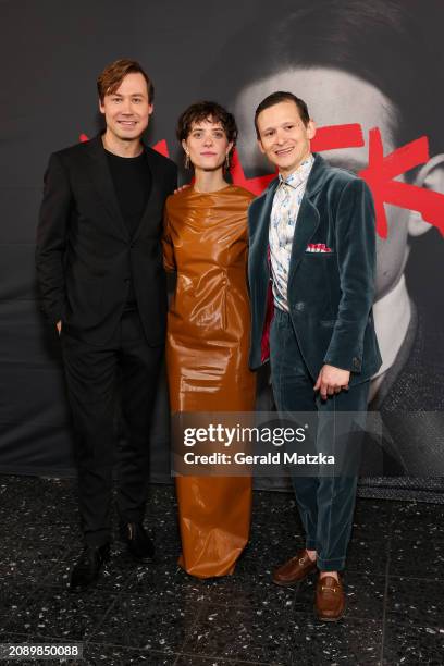 David Kross, Liv Lisa Fries and Joel Basman attend the Berlin premiere of "Kafka" at Urania on March 19, 2024 in Berlin, Germany.