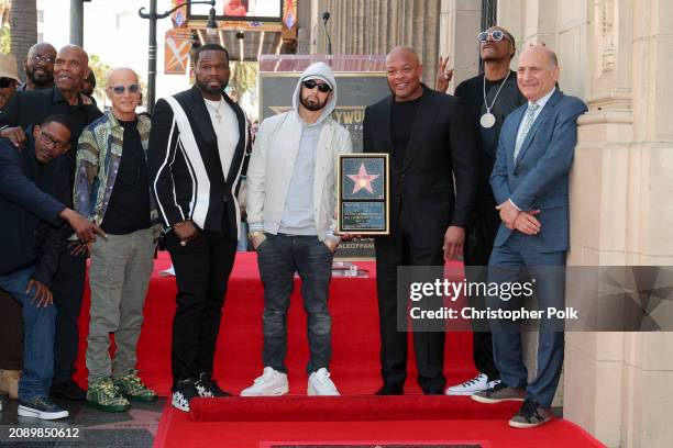 Michael "Harry-O" Harris, Kurupt, Big Boy, Jimmy Iovine, 50 Cent, Eminem, Dr. Dre, Snoop Dogg and Steve Nissen at the star ceremony where Dr. Dre is...
