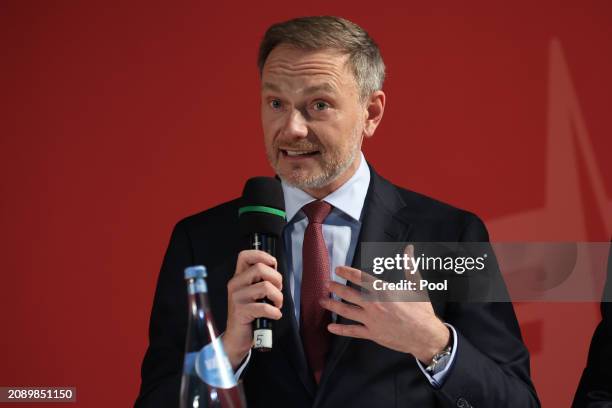 Christian Lindner speaks at the 50th anniversary of the Seeheimer Kreis on March 19, 2024 in Berlin, Germany. The Seeheimer Kreis is a political...