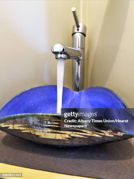 Artist Bob Pesce designed this ceramic sink for the downstairs powder room in his historic octagon home Wednesday April 11, 2018 in Columbiaville, NY.