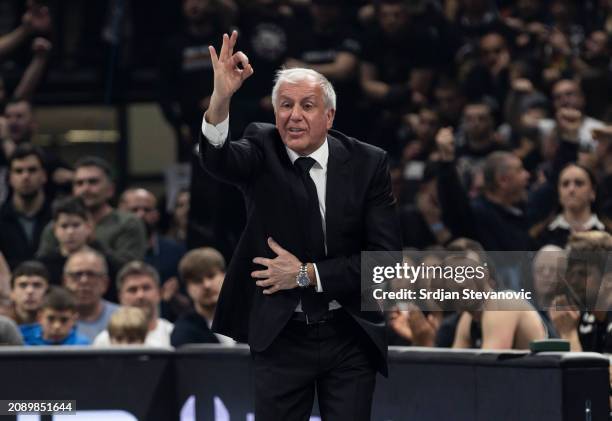 Zeljko Obradovic, Head Coach of Partizan Mozzart Bet Belgrade reacts during the Turkish Airlines EuroLeague Regular Season Round 30 match between...