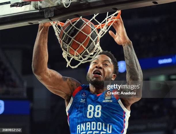 Tyrique Daniel Jones of Anadolu Efes competes during the Turkish Airlines Euroleague 30th week match between Anadolu Efes and Olympiakos at Sinan...