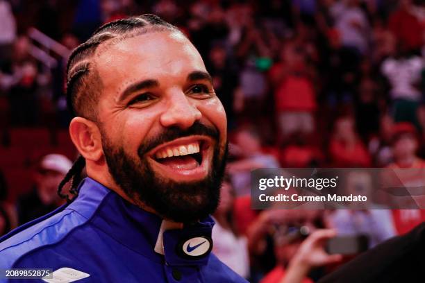 Rapper, songwriter, and icon Drake attends a game between the Houston Rockets and the Cleveland Cavaliers at Toyota Center on March 16, 2024 in...