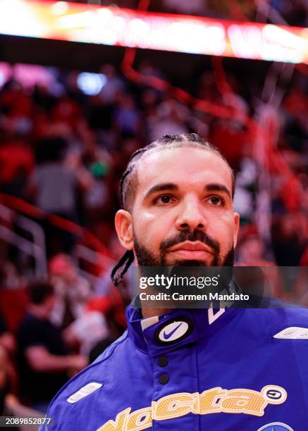 Rapper, songwriter, and icon Drake attends a game between the Houston Rockets and the Cleveland Cavaliers at Toyota Center on March 16, 2024 in...