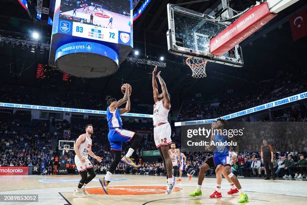 Players compete during the Turkish Airlines Euroleague 30th week match between Anadolu Efes and Olympiakos at Sinan Erdem Sports Hall in Istanbul,...