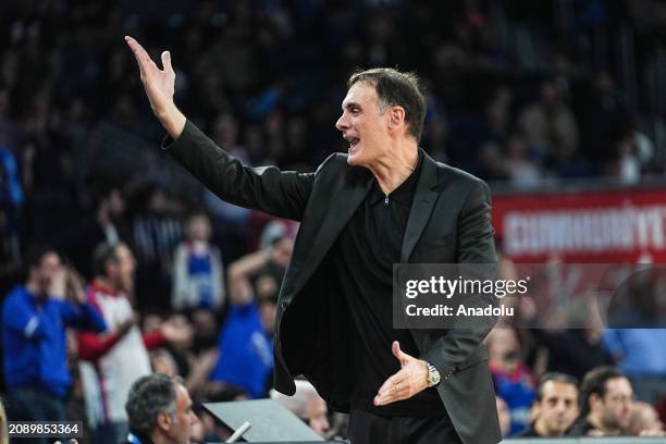 Georgios Bartzokas, head coach of Olympiakos gives tactics during the Turkish Airlines Euroleague 30th week match between Anadolu Efes and Olympiakos...