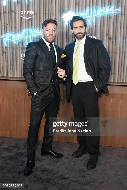 Conor McGregor and Jake Gyllenhaal at the New York premiere of "Road House" held at Jazz at Lincoln Center on March 19, 2024 in New York City.