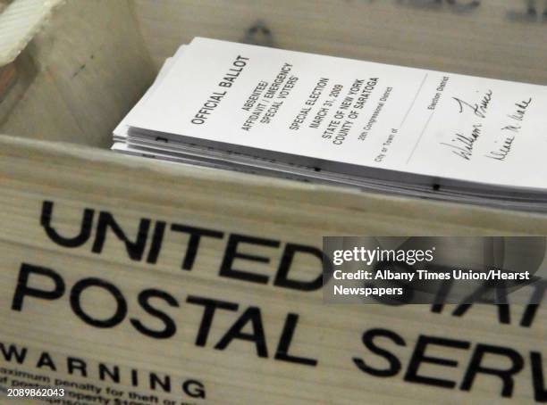Absentee ballots in the tight congressional race for the 20th District between Republican Jim Tedisco and Democrat Scott Murphy in a US Mail bin at...