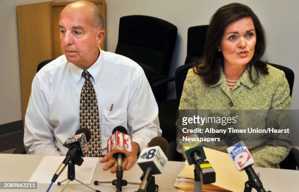 Warren County Sheriff Bud York, left, and District Attorney Kate Hogan hold a news conference at the Sheriff's Dept., to discuss the early morning...