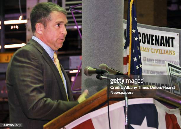 Director of New York State Veterans Affairs and retired US Army Colonel, Jim McDonough speaks during a an Army Community Covenant Signing Ceremony at...