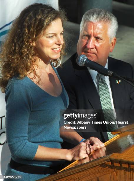 Sara Bronfman, left, and Albany Mayor Jerry Jennings announce the schedule of events for the Dalai Lama's upcoming visit to Albany at a news...