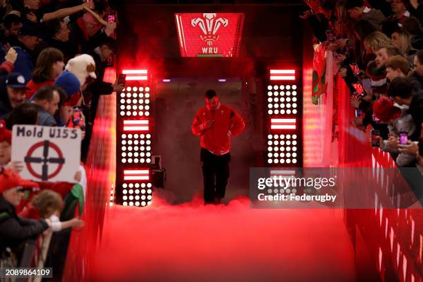 George North of Wales walks out of the tunnel, as he makes his final appearance for Wales after announcing his retirement from International Rugby,...