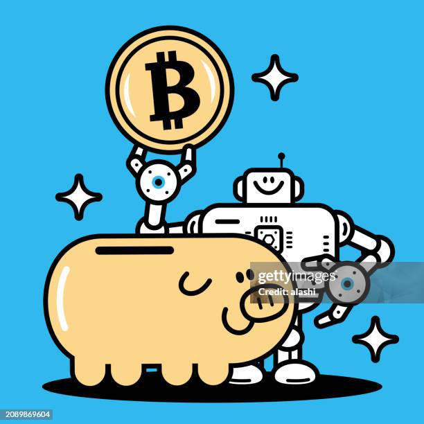 future fortune: ai fills the big piggy bank, an artificial intelligence robot is going to put money into the big piggy bank - financial analyst stock illustrations