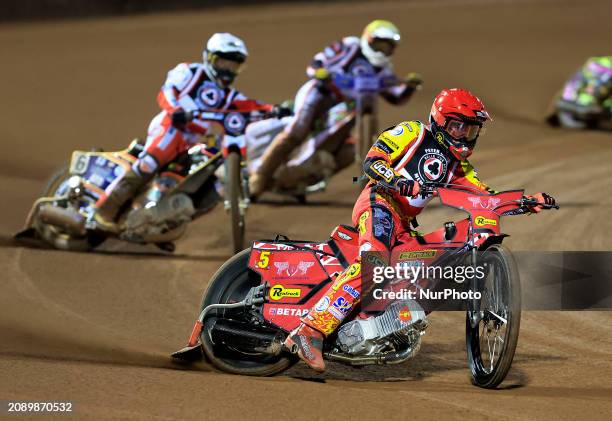 Max Fricke of the Leicester Lions is leading Conor Mountain of the Belle Vue Aces during the Peter Craven Memorial Trophy meeting at the National...