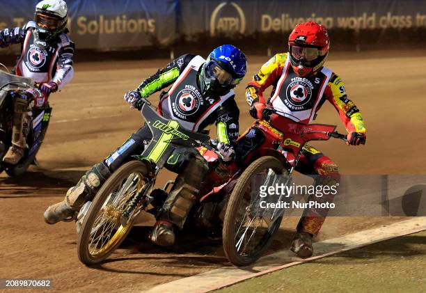 Jason Doyle of Ipswich Witches is tussling with Max Fricke of Leicester Lions at the Peter Craven Memorial Trophy meeting at the National Speedway...