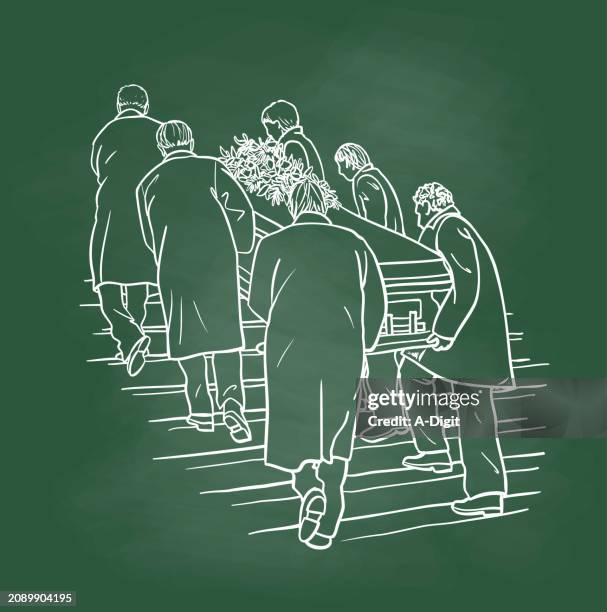 stockillustraties, clipart, cartoons en iconen met funeral coffin procession chalkboard - rouw