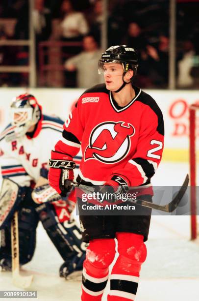 Left Wing Patrick Elias of the New Jersey Devils skates in the game between the New Jersey Devils vs the New York Rangers at Madison Square Garden on...