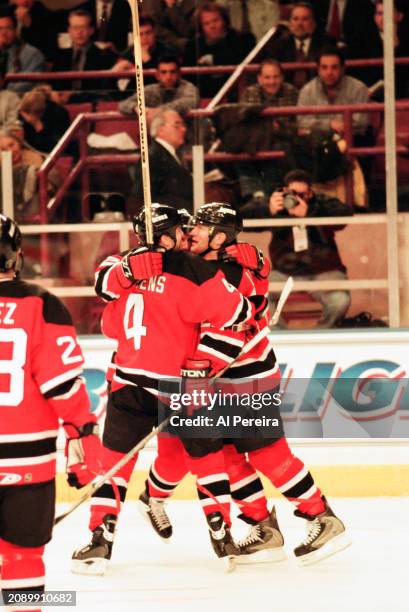 Defenseman Scott Stevens of the New Jersey Devils celebrates a goal in the game between the New Jersey Devils vs the New York Rangers at Madison...