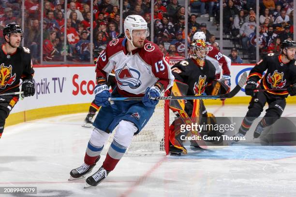 Valeri Nichushkin of the Colorado Avalanche skates up ice against the Calgary Flames at Scotiabank Saddledome on March 12, 2024 in Calgary, Alberta,...